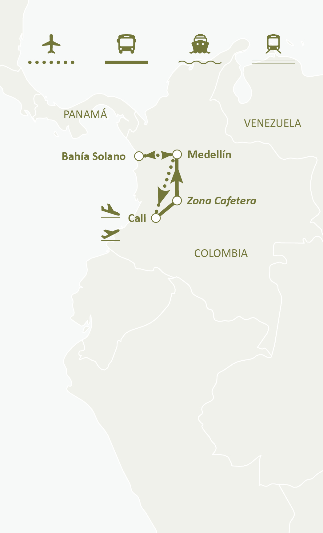 Mapa de ruta del circuito Aventura Por Colombia Salidas Miércoles: Cali, Zona Cafetera, Medellín y Bahía Solano (ballenas)