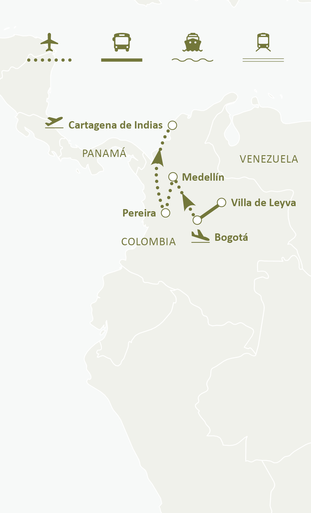 Mapa de ruta del circuito Colombia, Cultura Y Café: Bogotá, Villa de Leyva, Medellín, Zona Cafetera y Cartagena de Indias