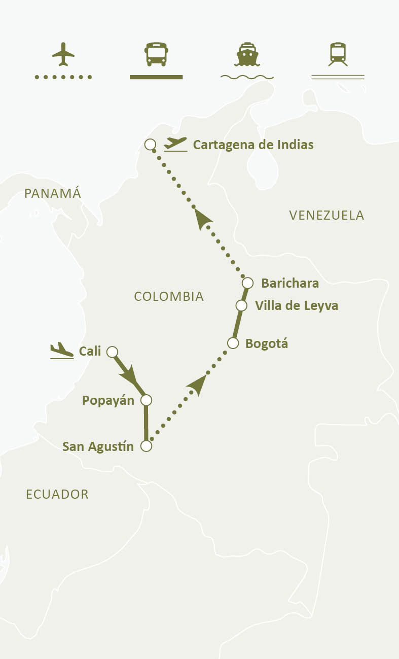 Mapa de ruta del circuito Colombia Cultural Y Arqueológica: Cali, Popayán, San Agustín, Bogotá, Villa de Leyva, Barichara, Cartagena e Islas del Rosario