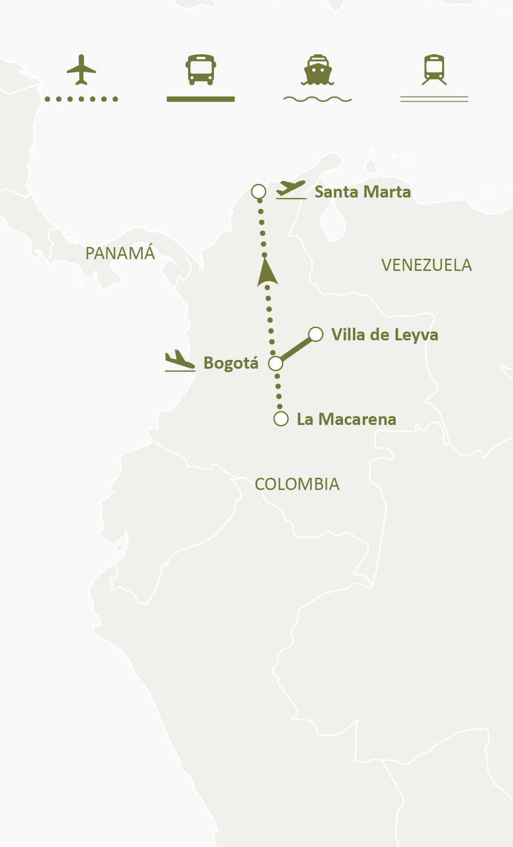 Mapa de ruta del circuito Colombia De Ensueño: Bogotá, La Macarena, Caño Cristales, Villa de Leyva y Santa Marta
