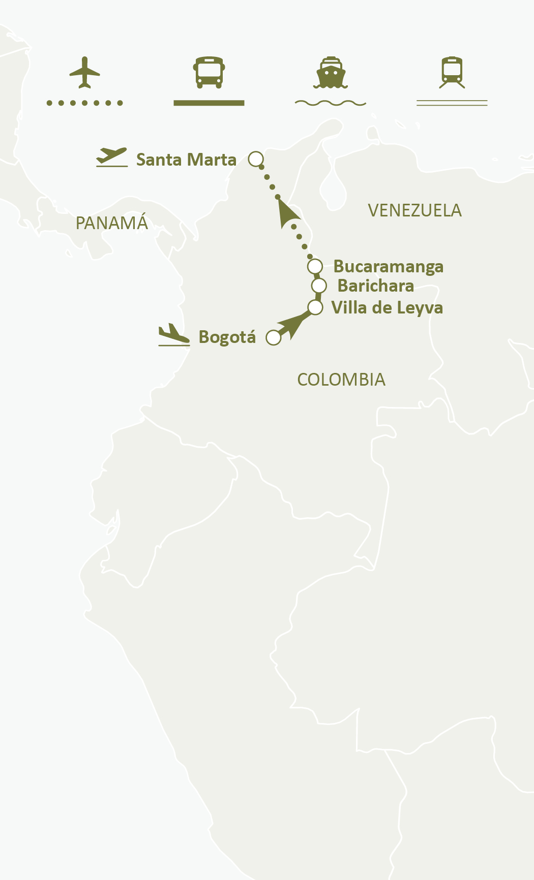 Mapa de ruta del circuito Colombia Encanto Y Tradición: Bogotá, Villa de Leyva, Barichara, Bucaramanga y Santa Marta