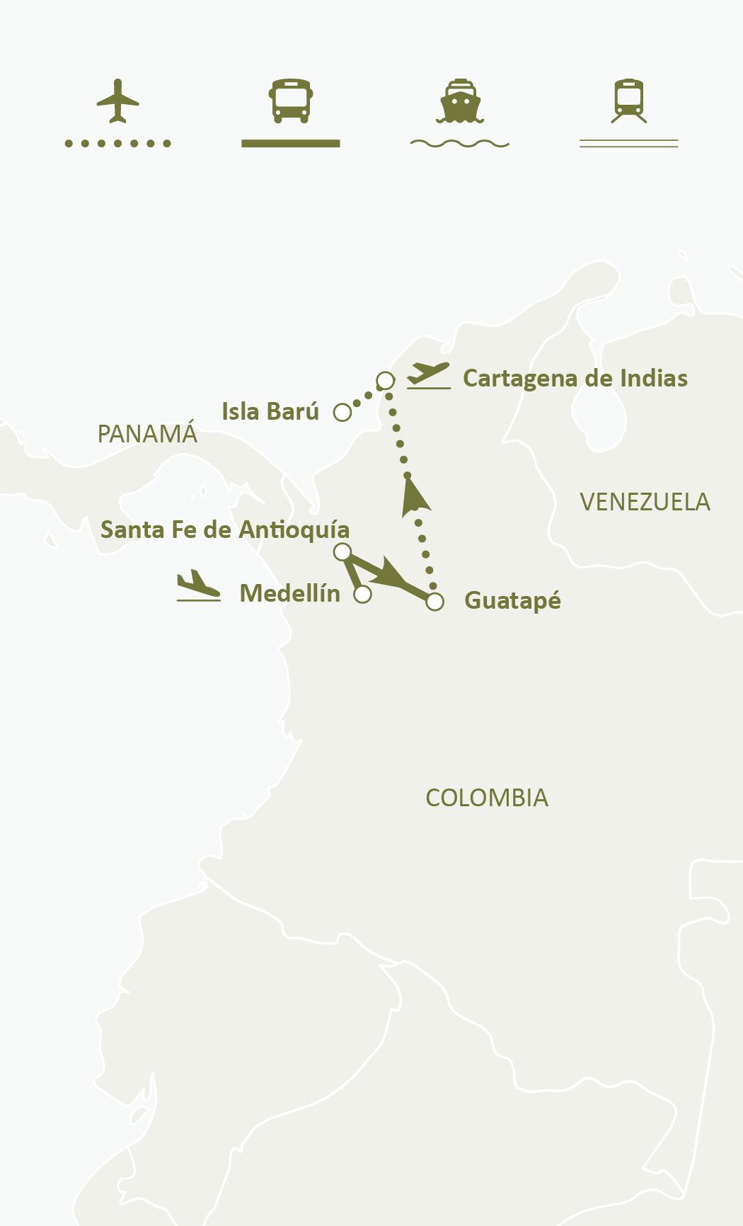 Mapa de ruta del circuito Colombia Espectacular: Medellín, Guatapé, Santa Fe de Antioquia, Cartagena de Indias e Isla Barú