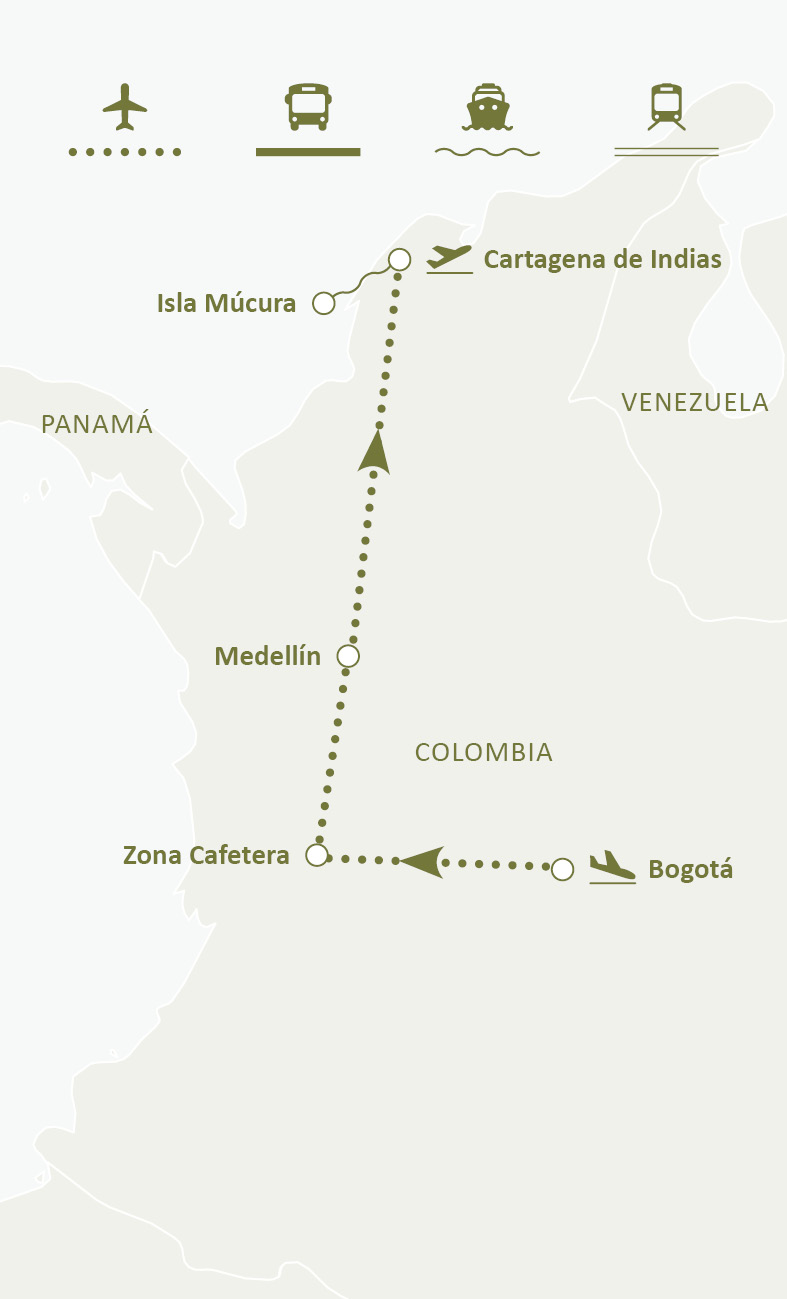 Mapa de ruta del circuito Colombia, Paraíso Caribeño Con Isla Múcura: Bogotá, Zona Cafetera, Medellín, Cartagena de Indias e Isla Múcura