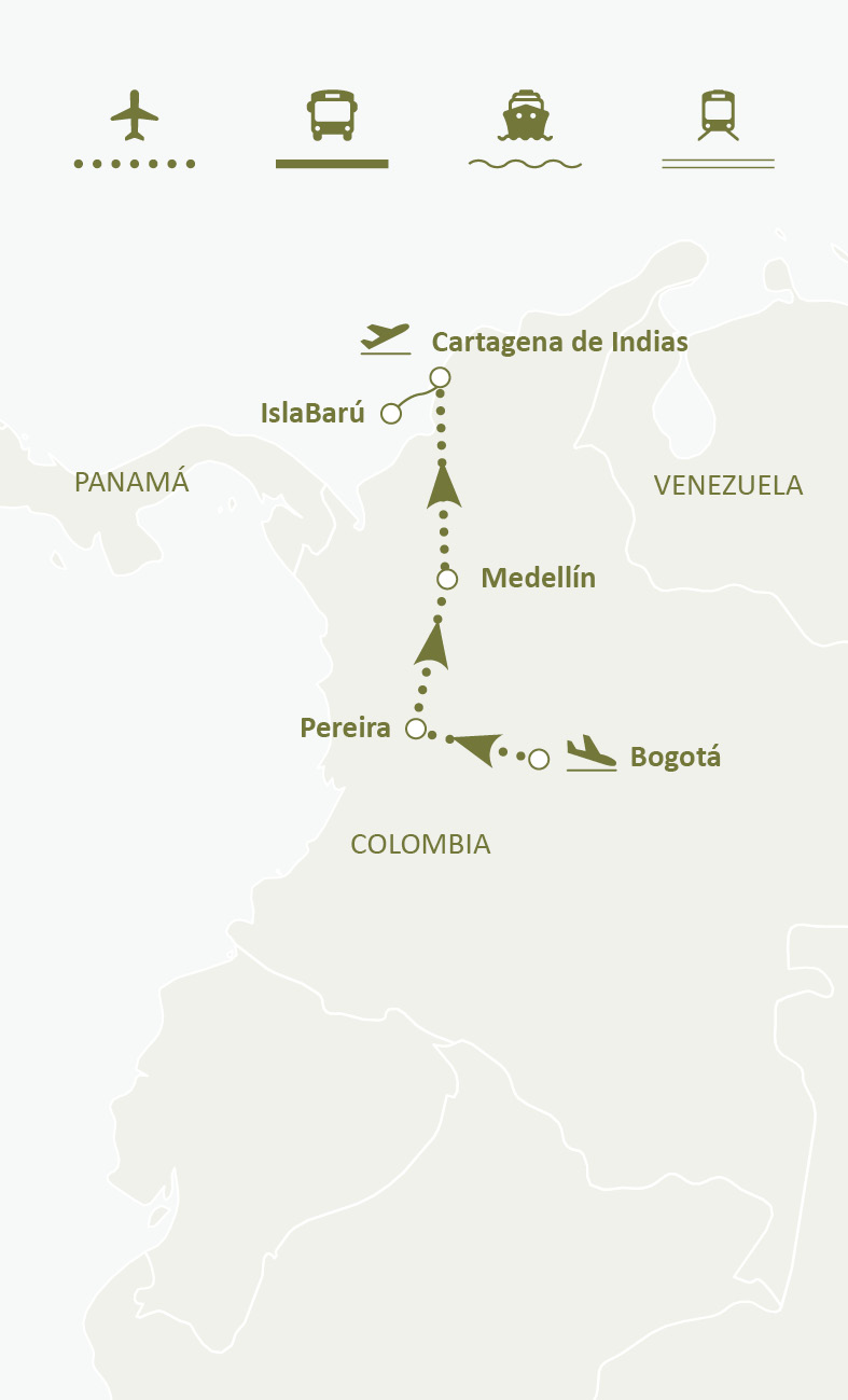 Mapa de ruta del circuito Colombia, Paraíso Caribeño: Bogotá, Zona Cafetera, Medellín, Cartagena de Indias y Barú