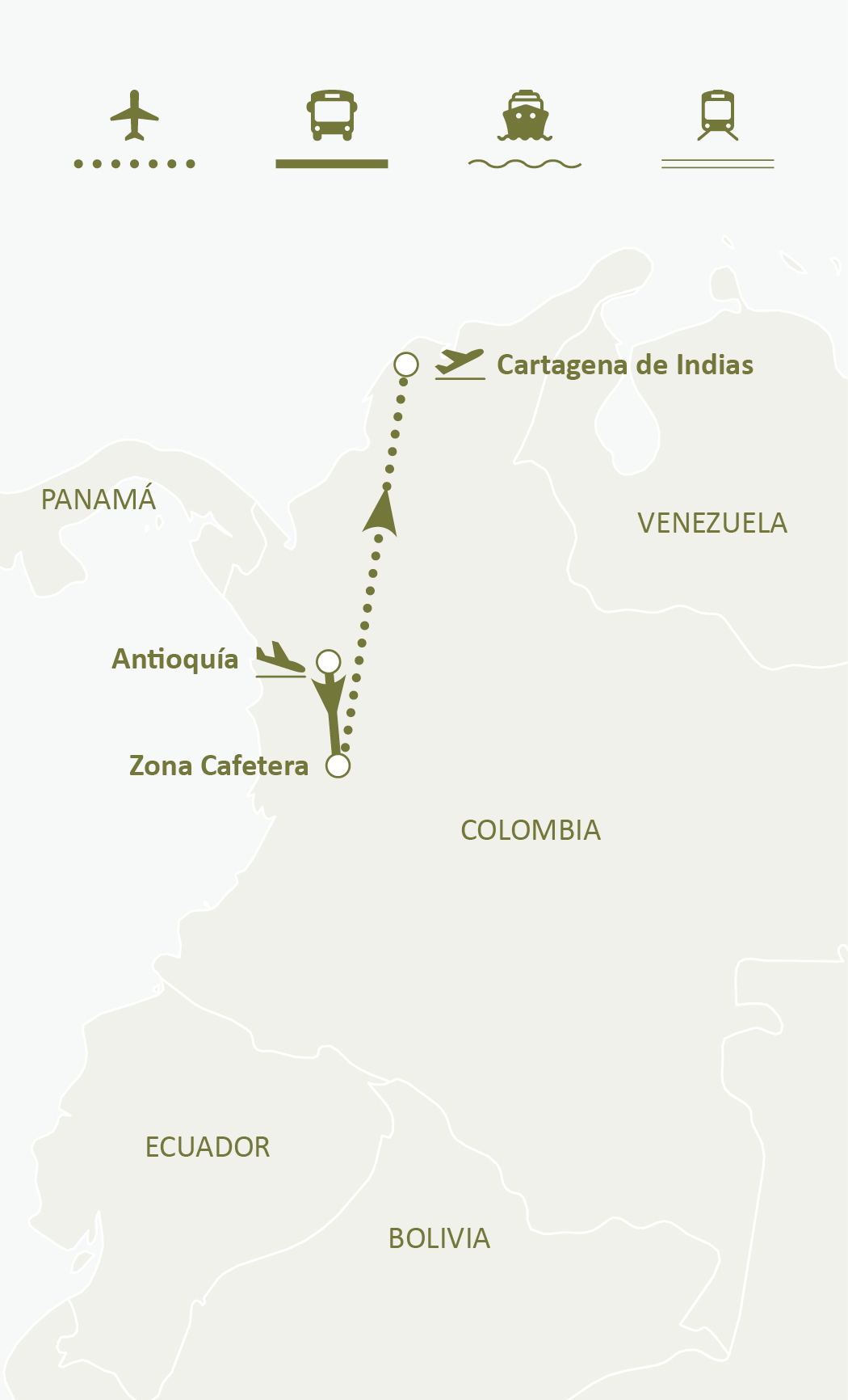Mapa de ruta del circuito Colombia, Secretos Escondidos: Antioquia, Zona Cafetera y Cartagena de Indias
