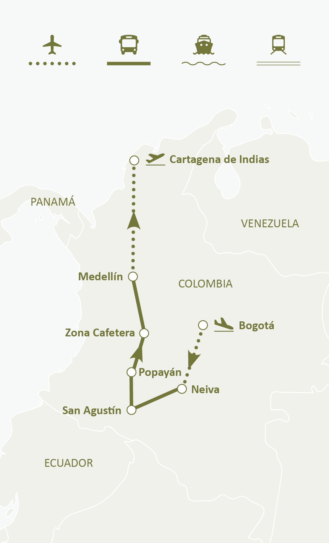 Mapa de ruta del circuito Colombia, Un Paraíso Por Descubrir: Bogotá, Neiva, Desierto de la Tatacoa, San Agustín, Paisaje Cultural Cafetero, Medellín, Cartagena e Islas del Rosario