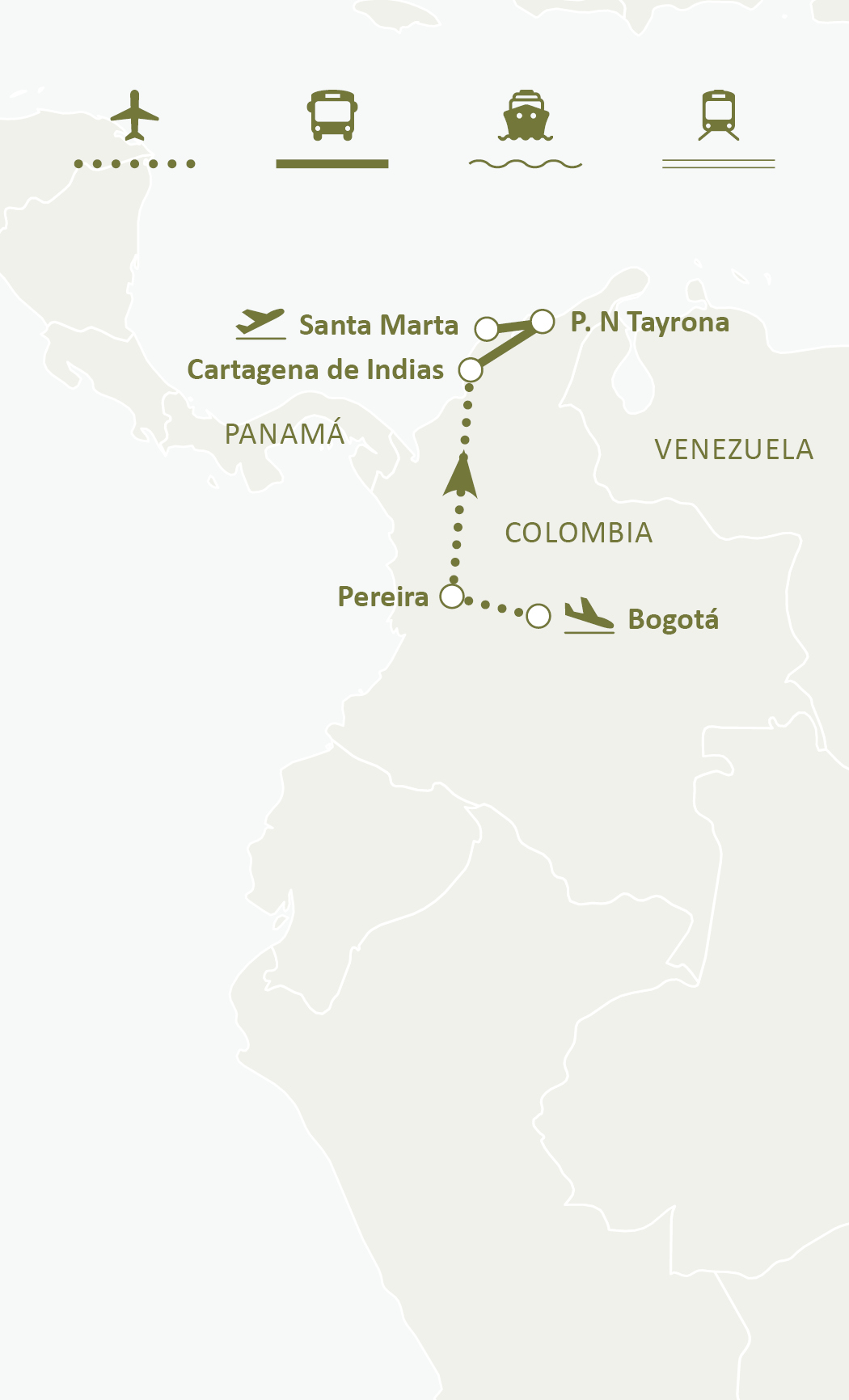 Mapa de ruta del circuito Colombia Y Los Aromas Del Café Con Parque Natural Tayrona: Bogotá, Zona Cafetera, Cartagena de Indias y Parque Natural Tayrona