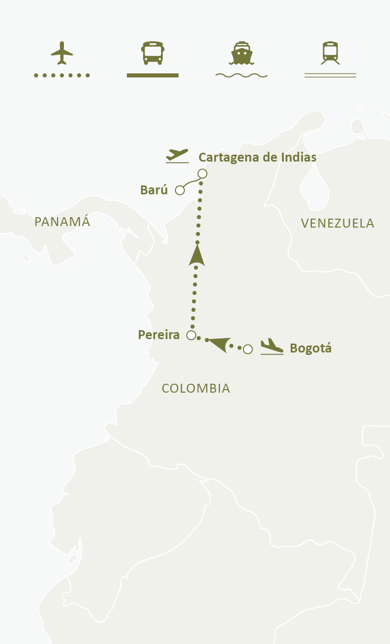 Mapa de ruta del circuito Contrastes De Colombia: Bogotá, Zona Cafetera, Cartagena de Indias e Isla Barú