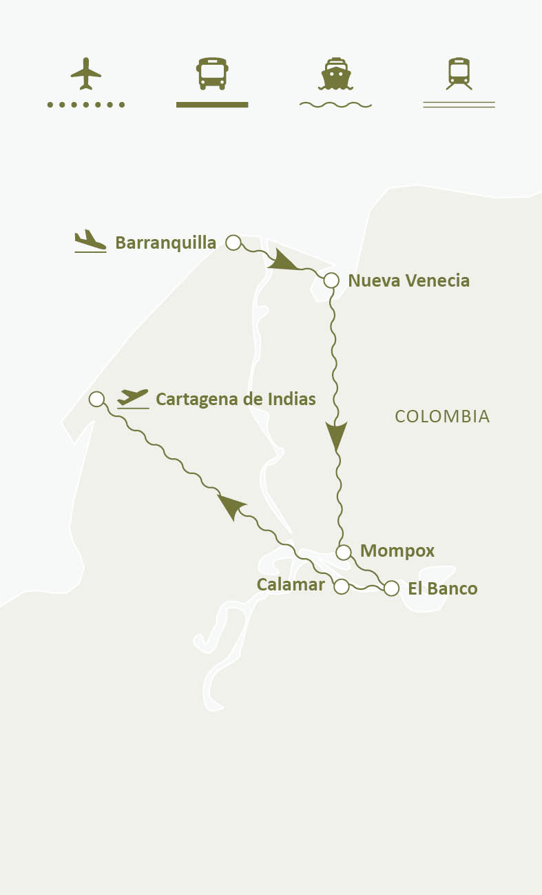 Mapa de ruta del circuito Crucero La Magia De Colombia Por El Río Magdalena: Barranquilla, Nueva Venecia, Mompox, El Banco, Magangué, Calamar y Cartagena