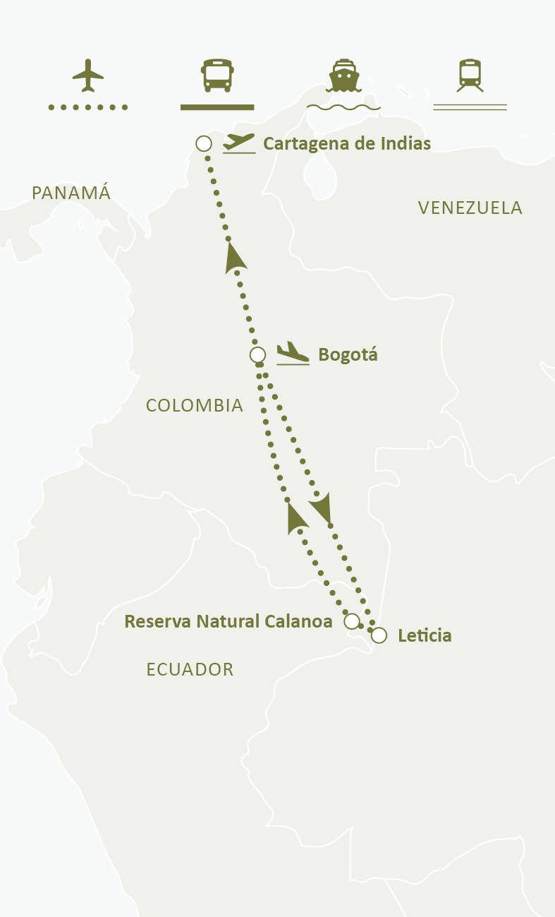 Mapa de ruta del circuito Descubre El Amazonas Colombiano: Bogotá, Leticia, Tabatinga, Reserva Calanoa, Isla Cacao, Comunidad Altamira, Puerto Nariño, Lagos de Tarapoto, Cartagena de Indias e Islas del Rosario
