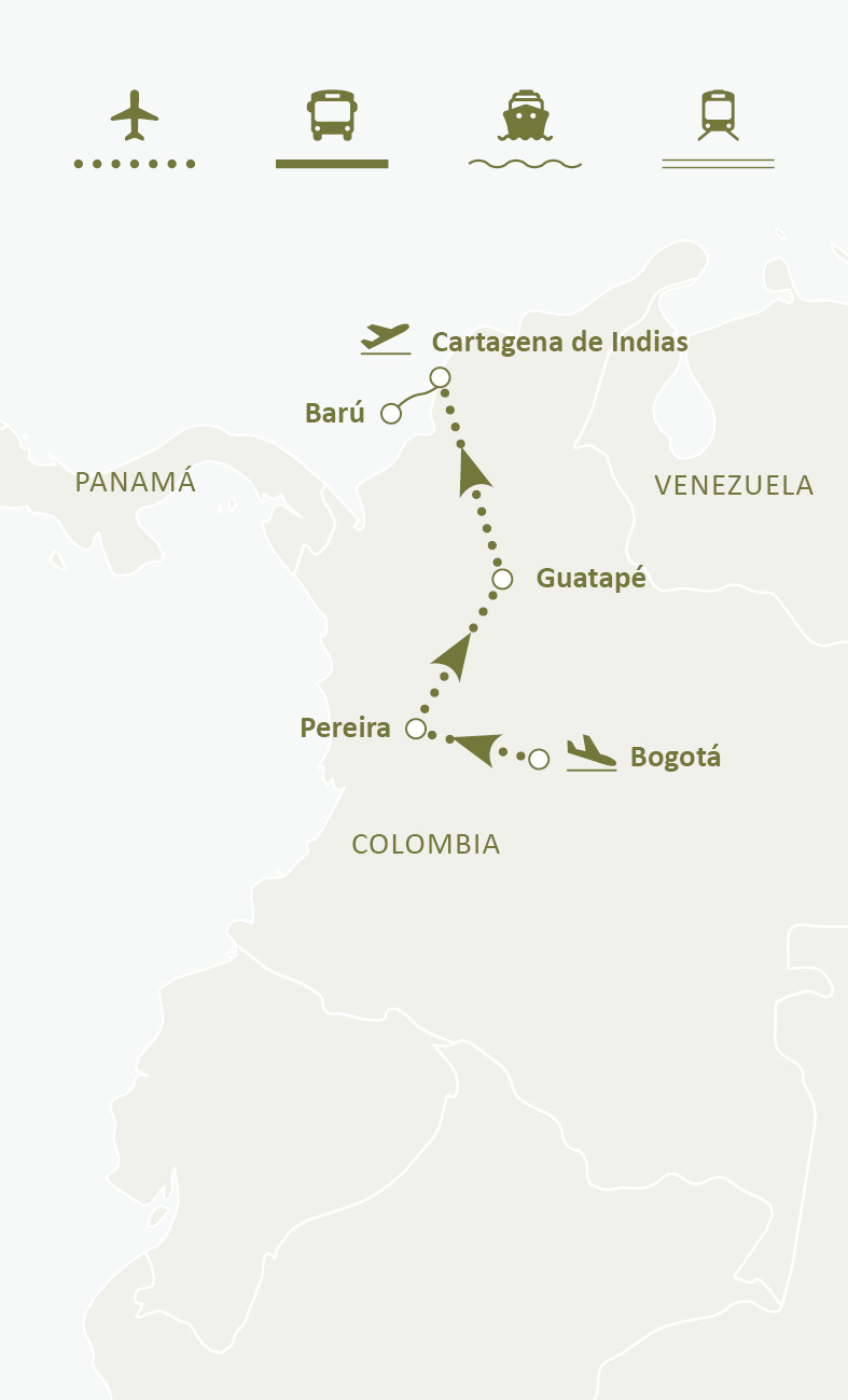 Mapa de ruta del circuito Embrujo Colombiano: Bogotá, Medellín, Guatapé, Cartagena de Indias e Isla Barú