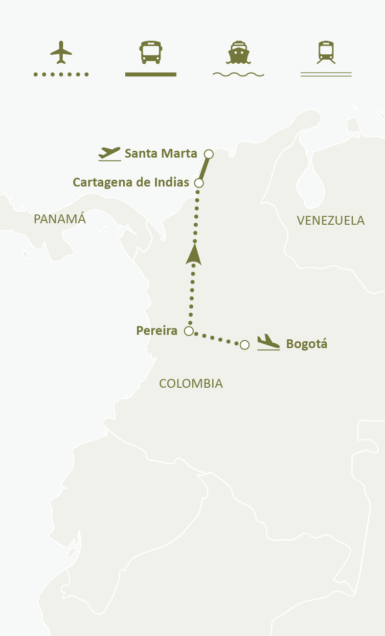 Mapa de ruta del circuito Encantos De Colombia: Bogotá, Zona Cafetera, Cartagena de Indias y Santa Marta