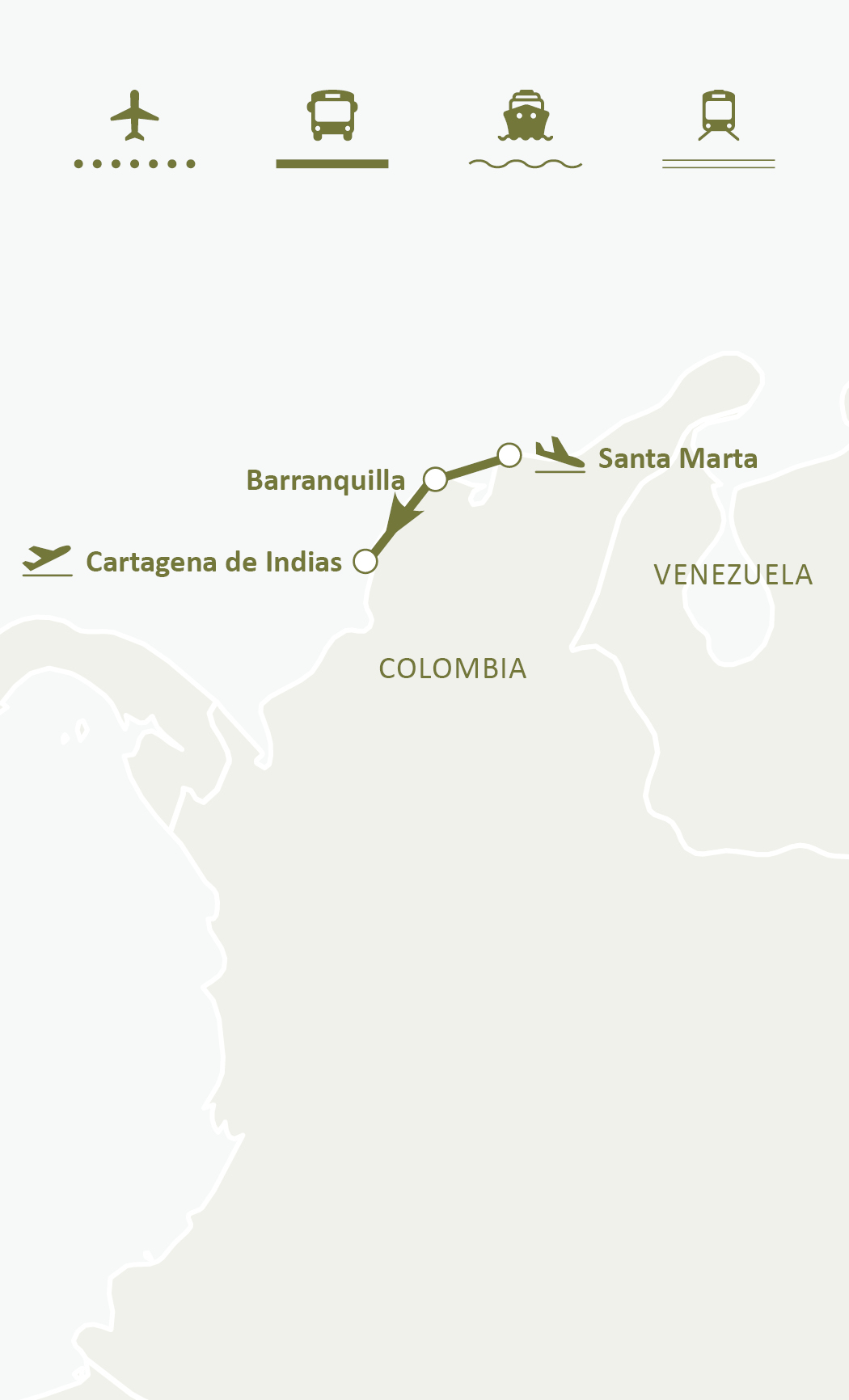 Mapa de ruta del circuito Perlas Del Caribe Colombiano: Santa Marta, Barranquilla y Cartagena de Indias