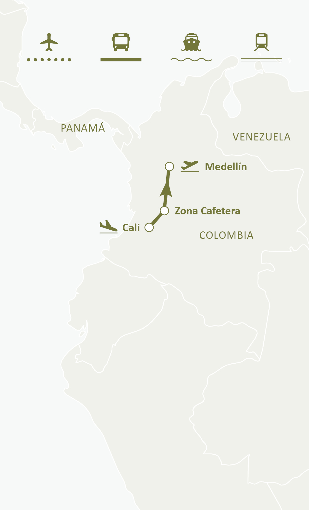 Mapa de ruta del circuito Ruta De La Caña: Cali, Zona Cafetera y Medellín