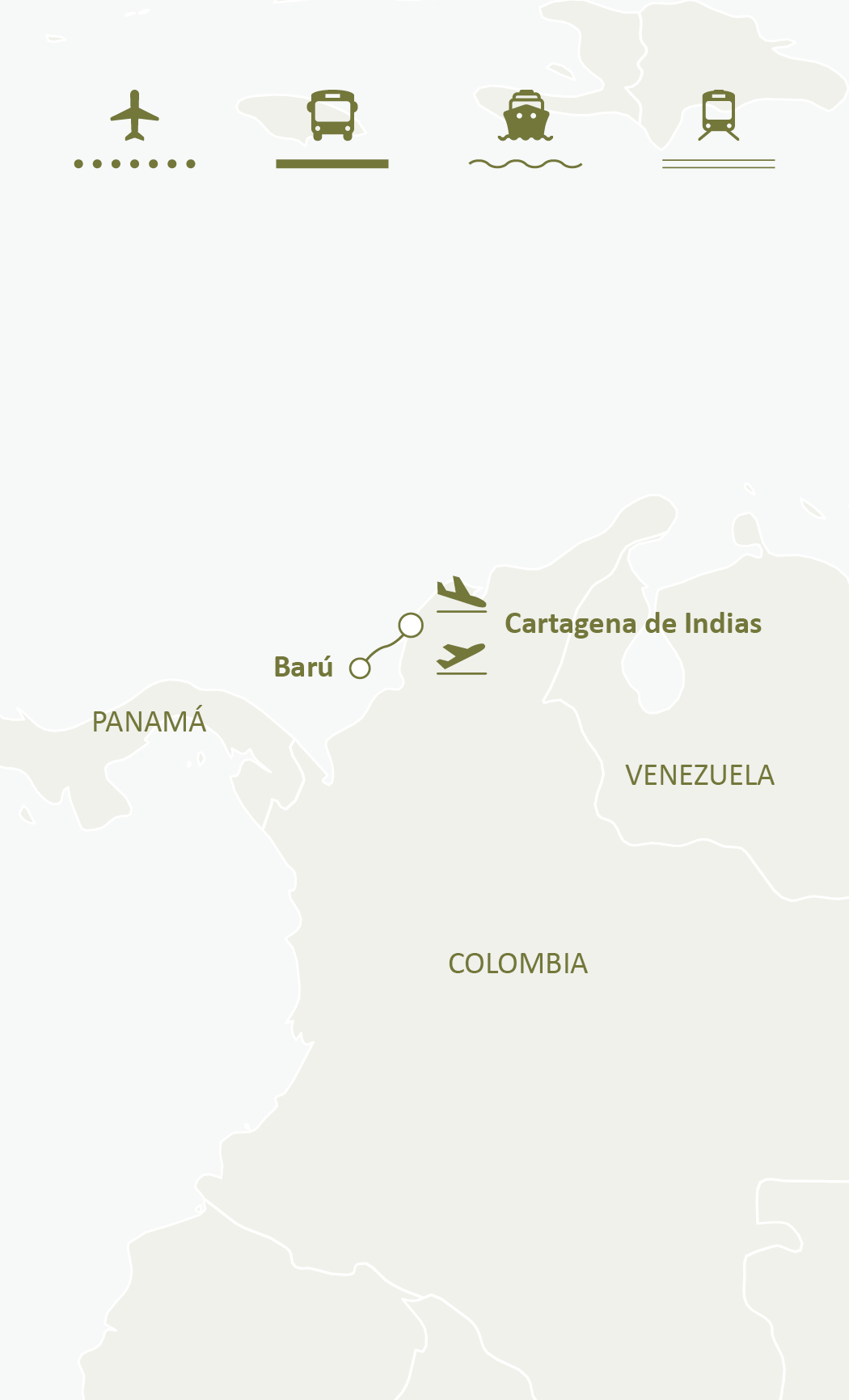 Mapa de ruta del circuito Tesoros Caribeños: Cartagena de Indias e Isla de Barú